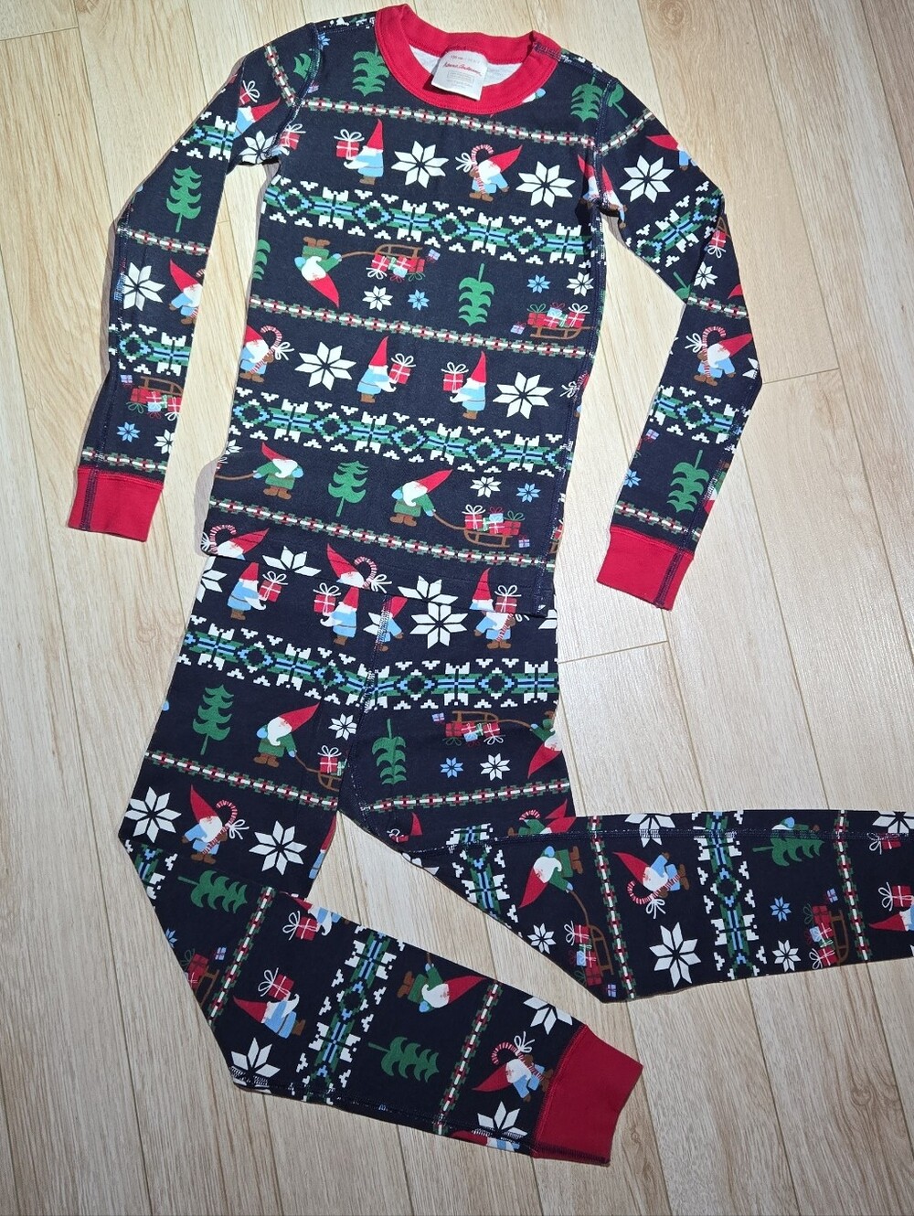 Hanna Andersson Navy Holiday Fair Isle Pajama Set with Red Trim 120cm Size 6-7